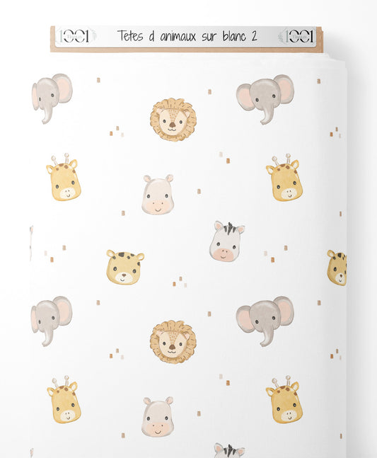 Tissu - Têtes d'animaux sur blanc 2