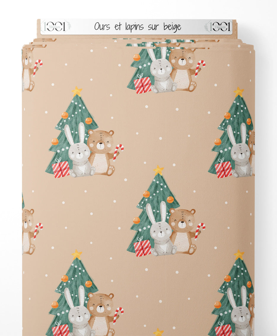 Tissu - Ours et lapins sur beige