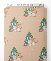 Tissu - Ours et lapins sur beige