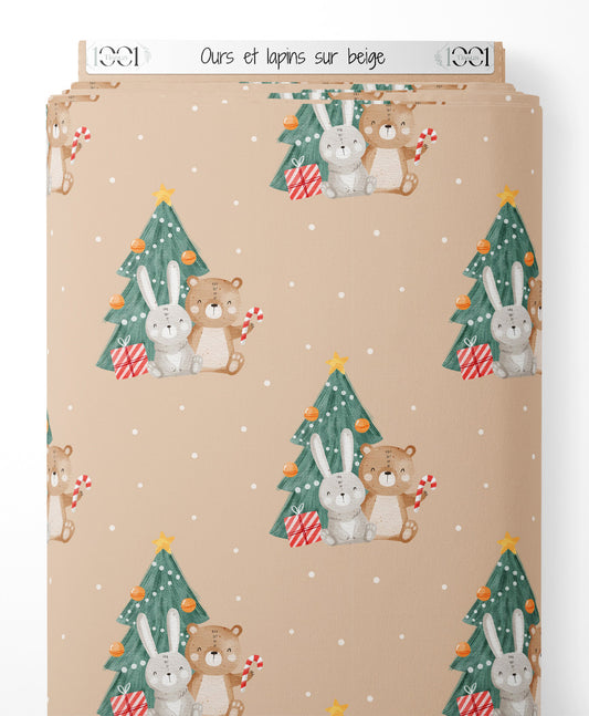 Tissu - Ours et lapins sur beige