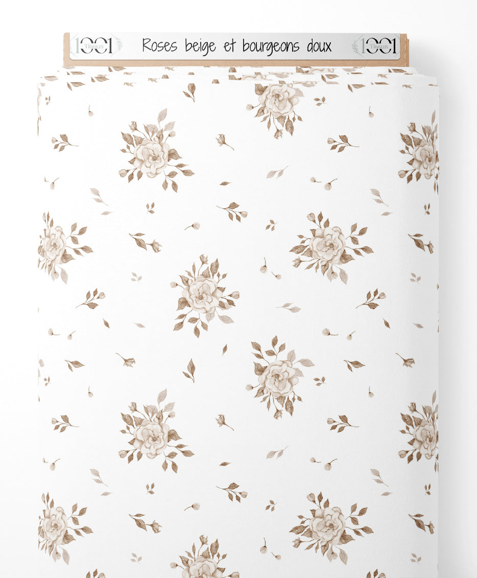 Tissu - Roses beige et bourgeons doux