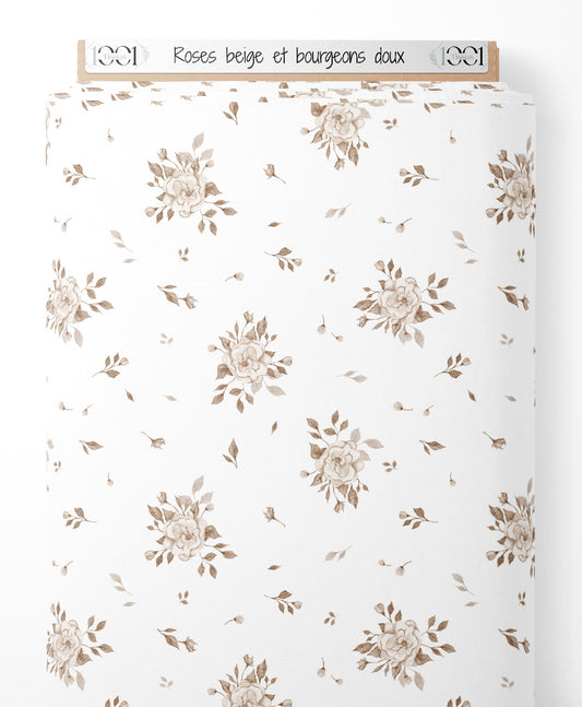 Tissu - Roses beige et bourgeons doux
