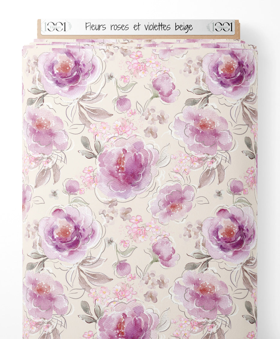 Tissu - Fleurs roses et violettes beige