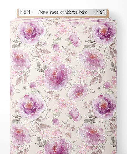 Tissu - Fleurs roses et violettes beige