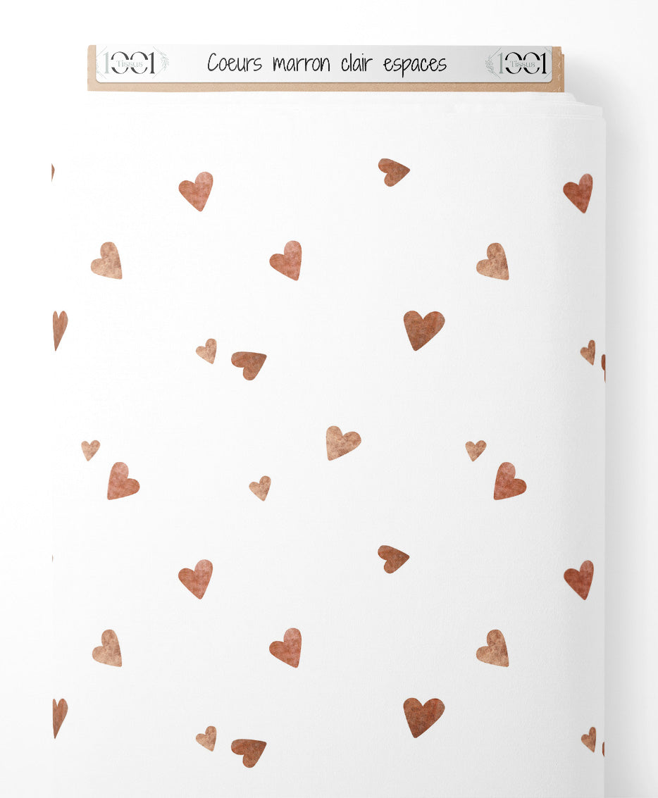 Tissu - Cœurs marron clair espacés