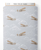 Tissu - Biplans sur fond gris nuageux