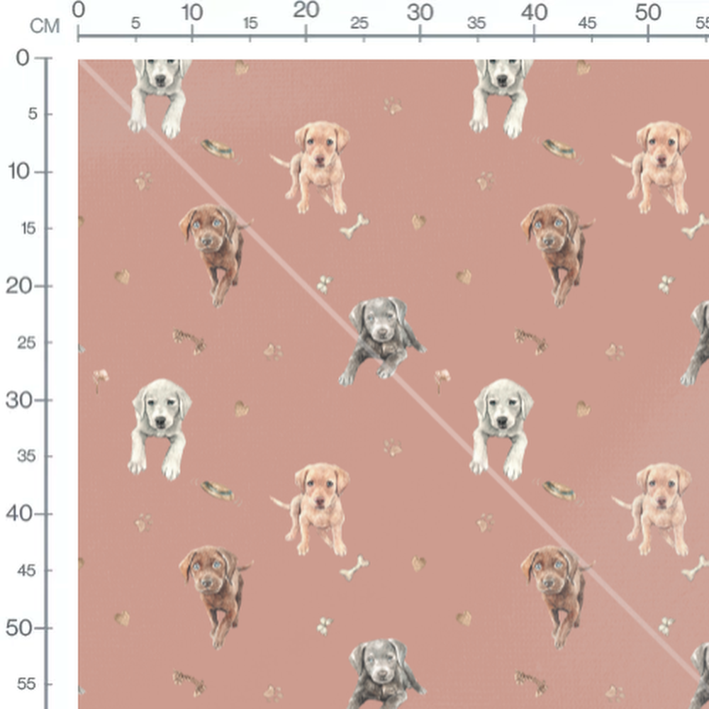 Tissu - Chiots et empreintes sur rose
