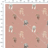 Tissu - Chiots et empreintes sur rose