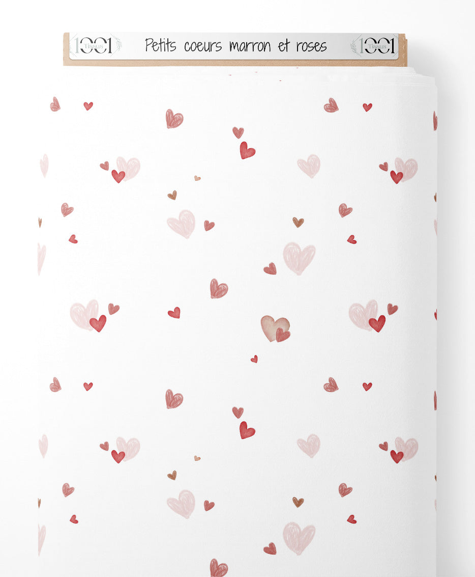 Tissu - Petits cœurs marron et roses