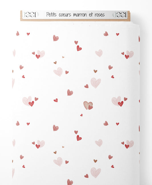 Tissu - Petits cœurs marron et roses
