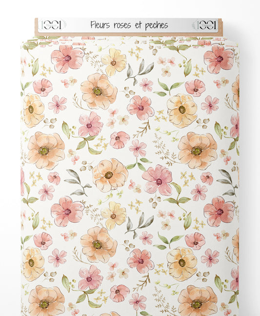 Tissu - Fleurs roses et pêches