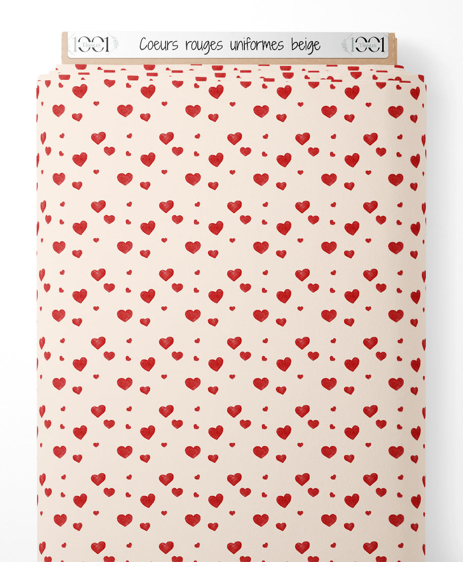 Tissu - Cœurs rouges uniformes beige