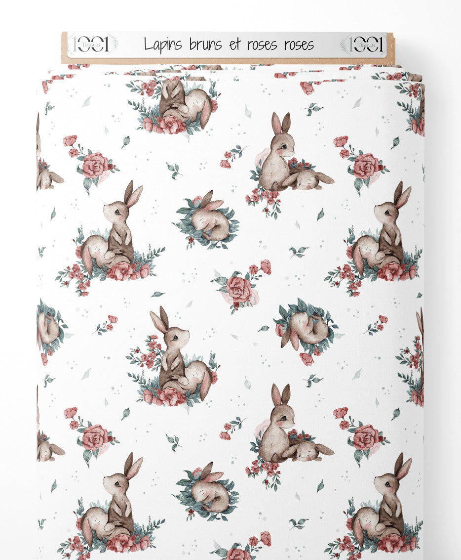 Tissu - Lapins bruns et roses roses