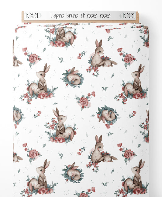 Tissu - Lapins bruns et roses roses