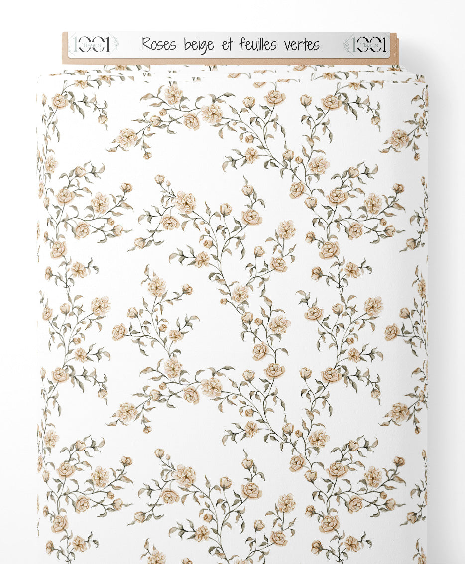 Tissu - Roses beige et feuilles vertes