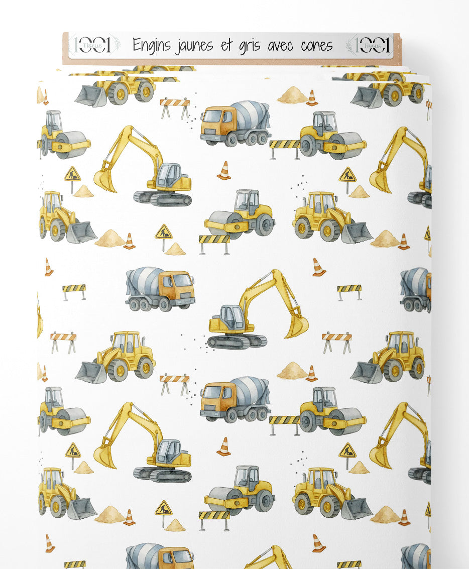 Tissu - Engins jaunes et gris avec cônes