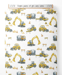 Tissu - Engins jaunes et gris avec cônes