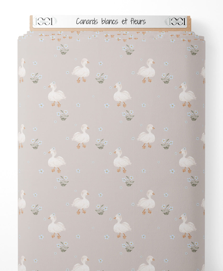 Tissu - Canards blancs et fleurs