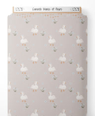 Tissu - Canards blancs et fleurs