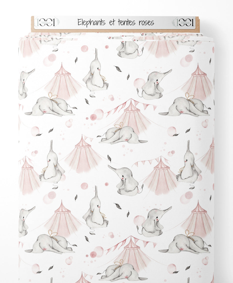 Tissu - Éléphants et tentes roses