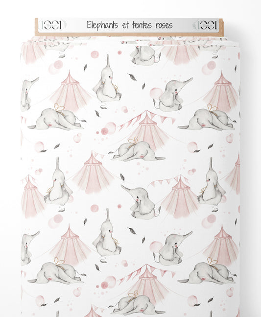 Tissu - Éléphants et tentes roses