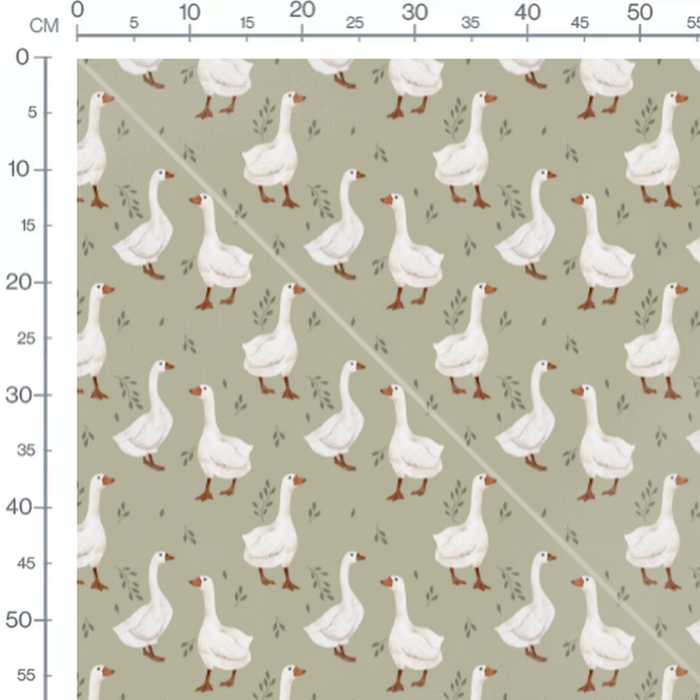 Tissu - Oies blanches et feuilles vertes