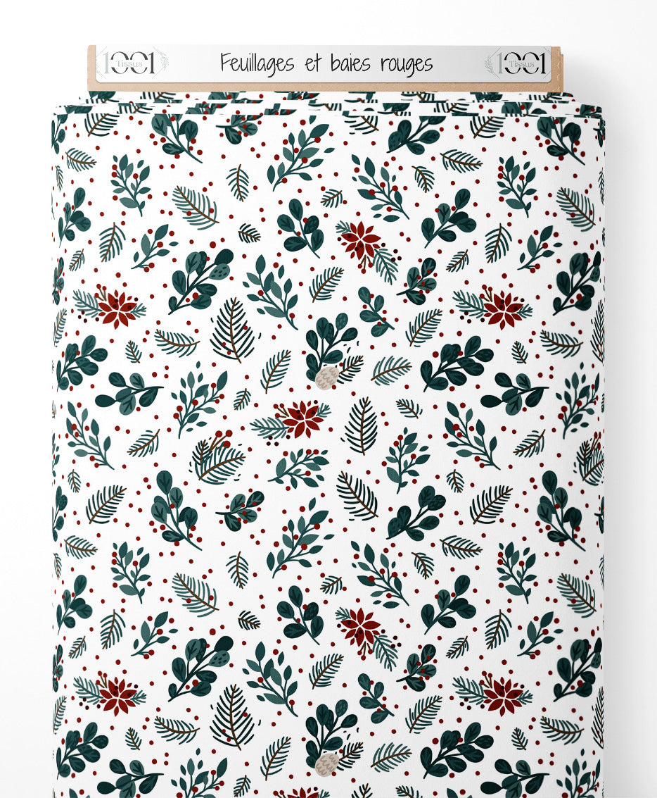 Tissu - Feuillages et baies rouges