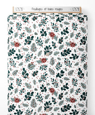 Tissu - Feuillages et baies rouges
