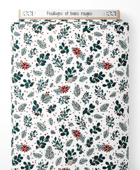 Tissu - Feuillages et baies rouges