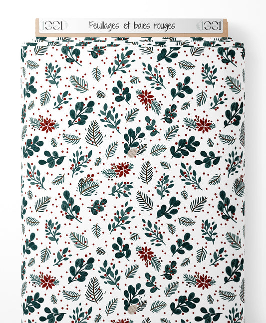 Tissu - Feuillages et baies rouges