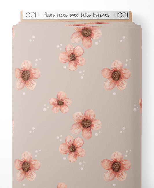 Tissu - Fleurs roses avec bulles blanches