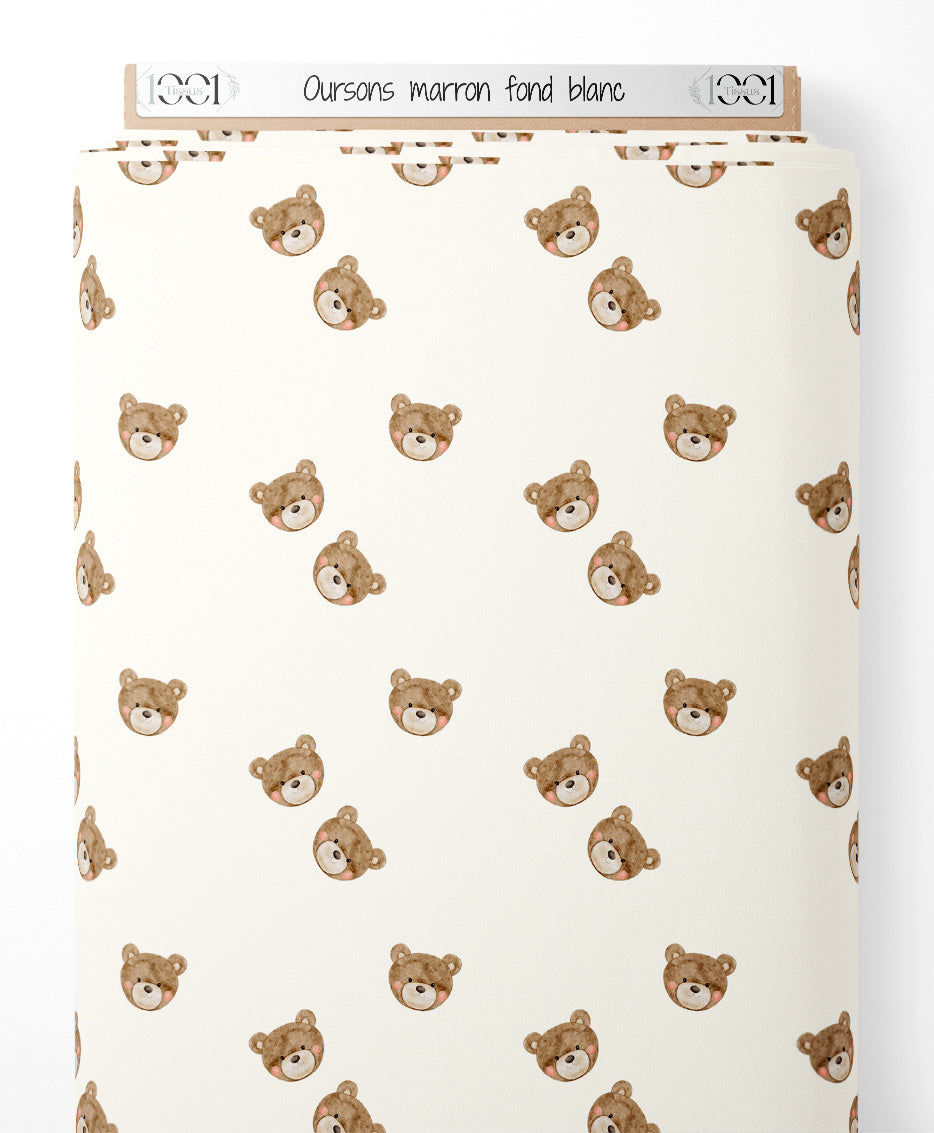 Tissu - Oursons marron sur fond blanc