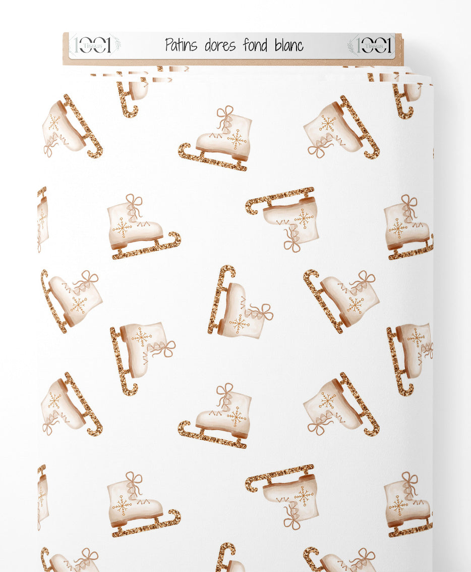 Tissu - Patins dorés sur fond blanc