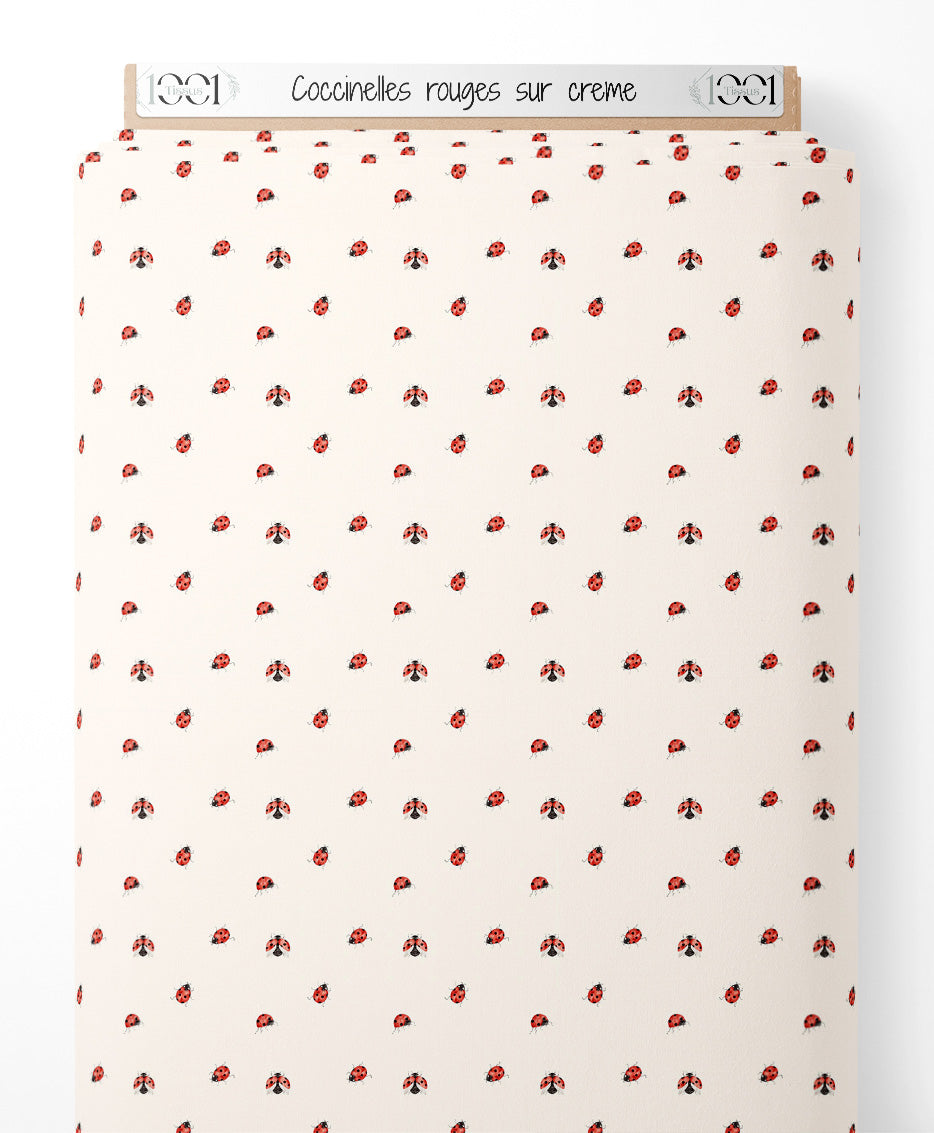 Tissu - Coccinelles rouges sur crème