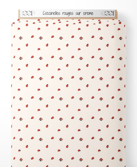 Tissu - Coccinelles rouges sur crème