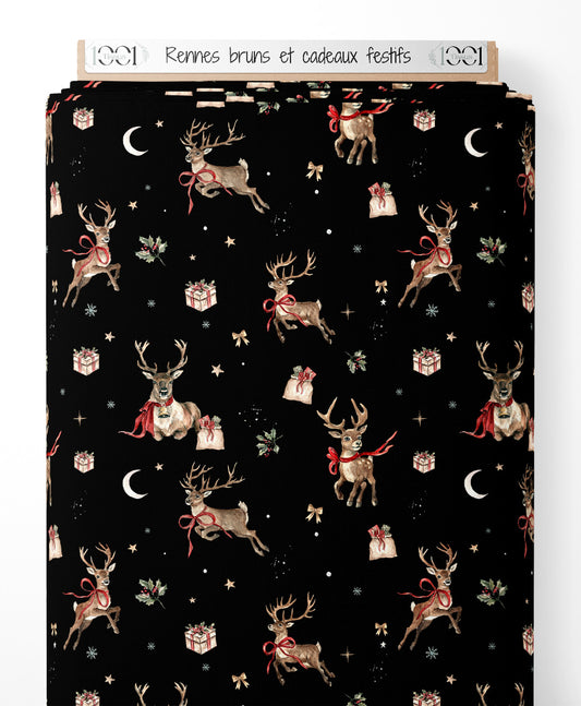 Tissu - Rennes bruns et cadeaux festifs