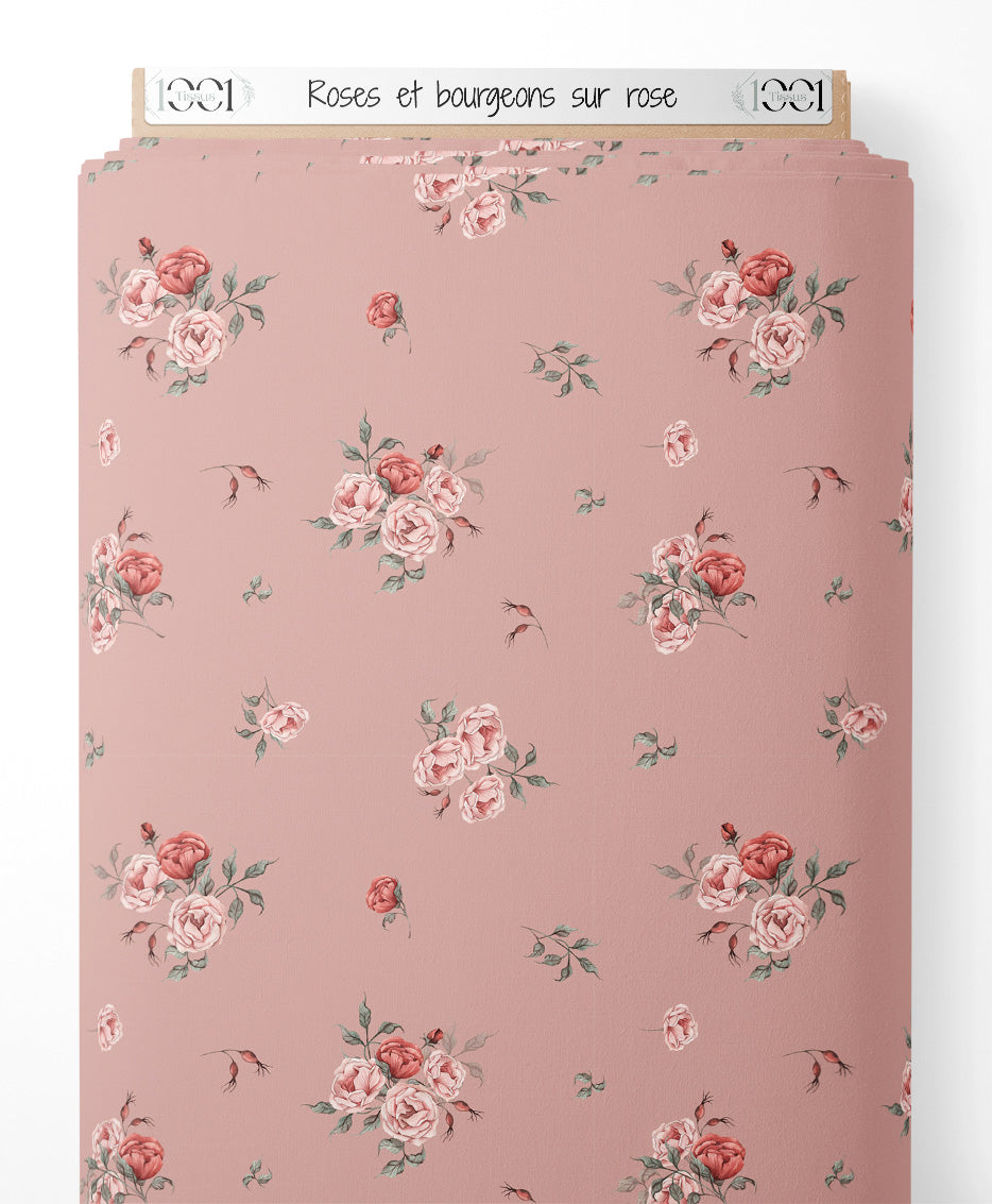 Tissu - Roses et bourgeons sur rose