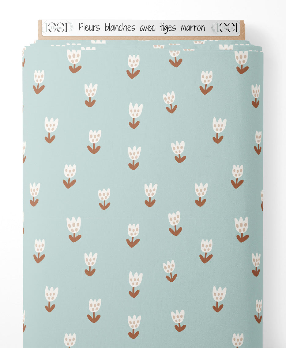 Tissu - Fleurs blanches avec tiges marron