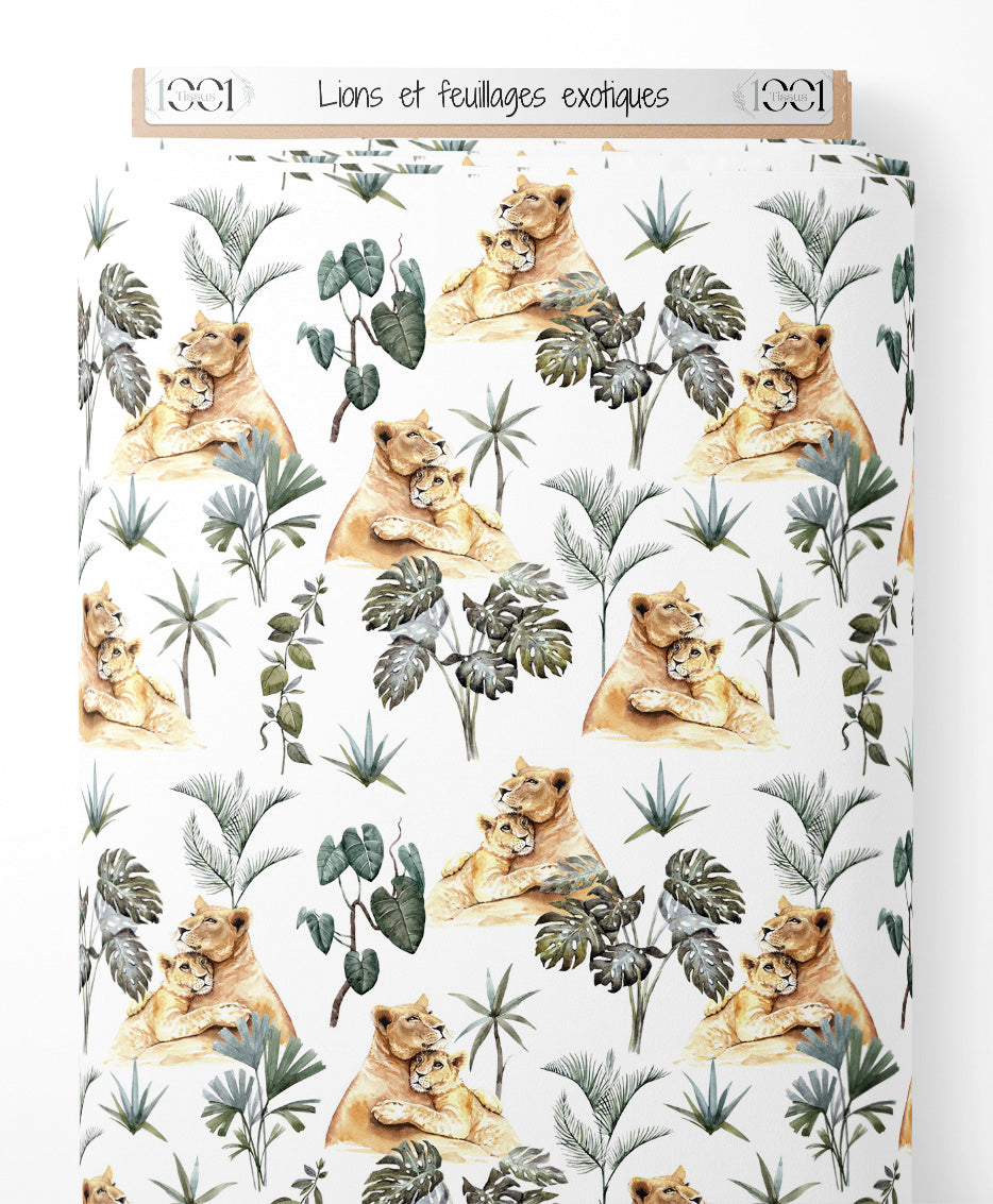 Tissu - Lions et feuillages exotiques