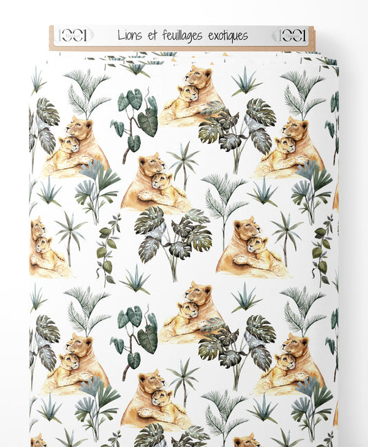 Tissu - Lions et feuillages exotiques