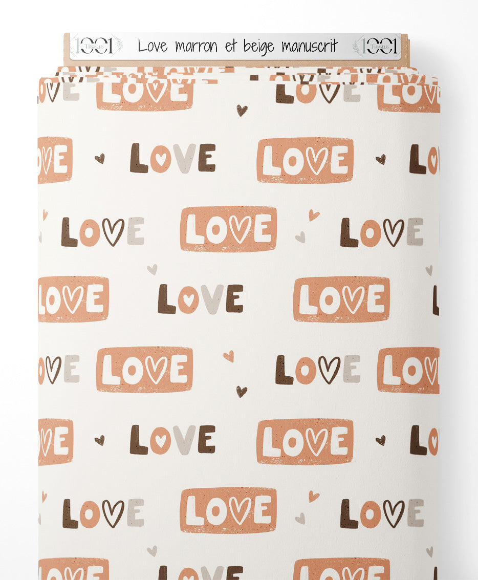 Tissu - Love marron et beige manuscrit