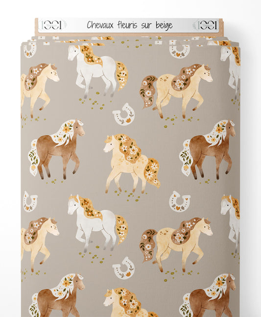Tissu - Chevaux fleuris sur beige