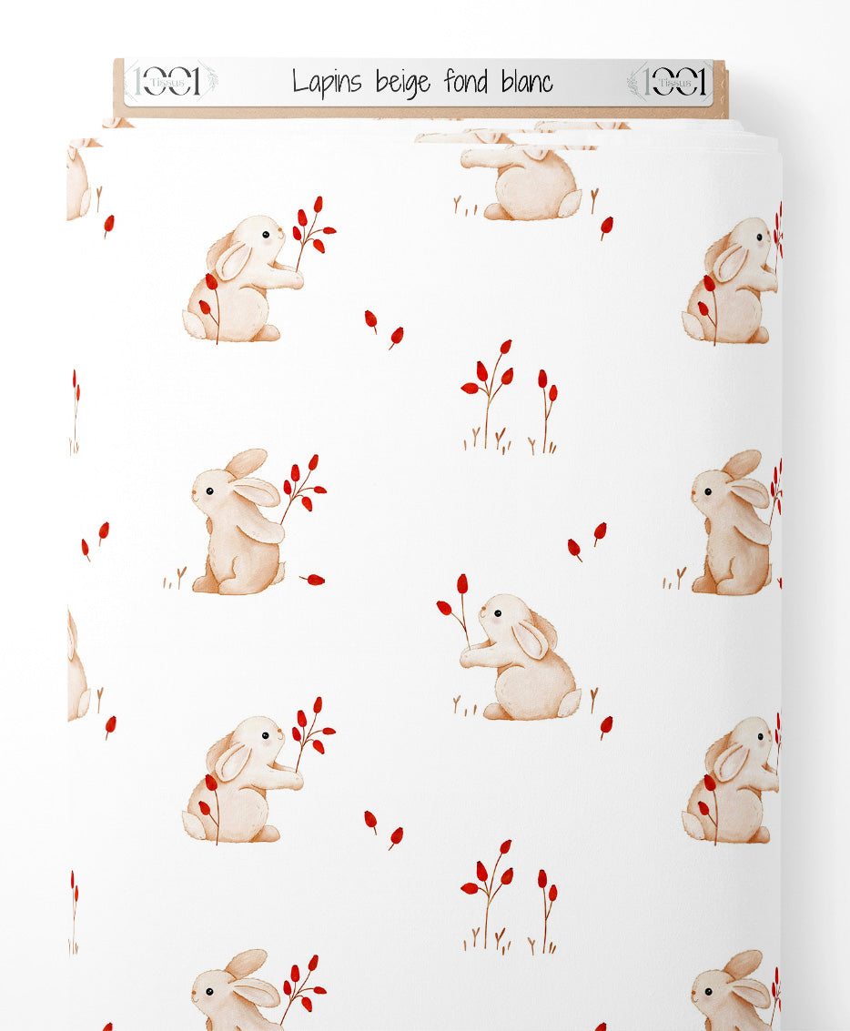 Tissu - Lapins beige sur fond blanc