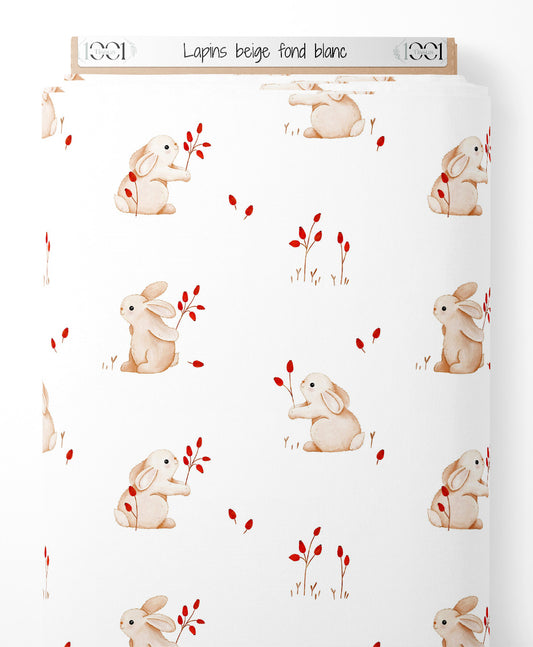 Tissu - Lapins beige sur fond blanc