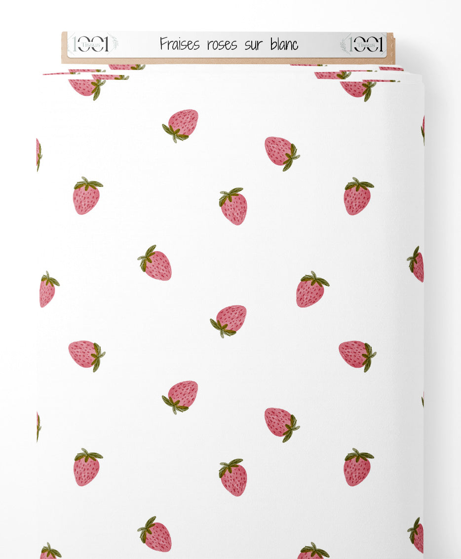 Tissu - Fraises roses sur blanc
