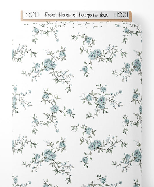 Tissu - Roses bleues et bourgeons doux