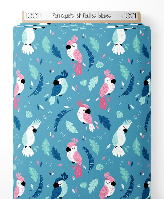 Tissu - Perroquets et feuilles bleues