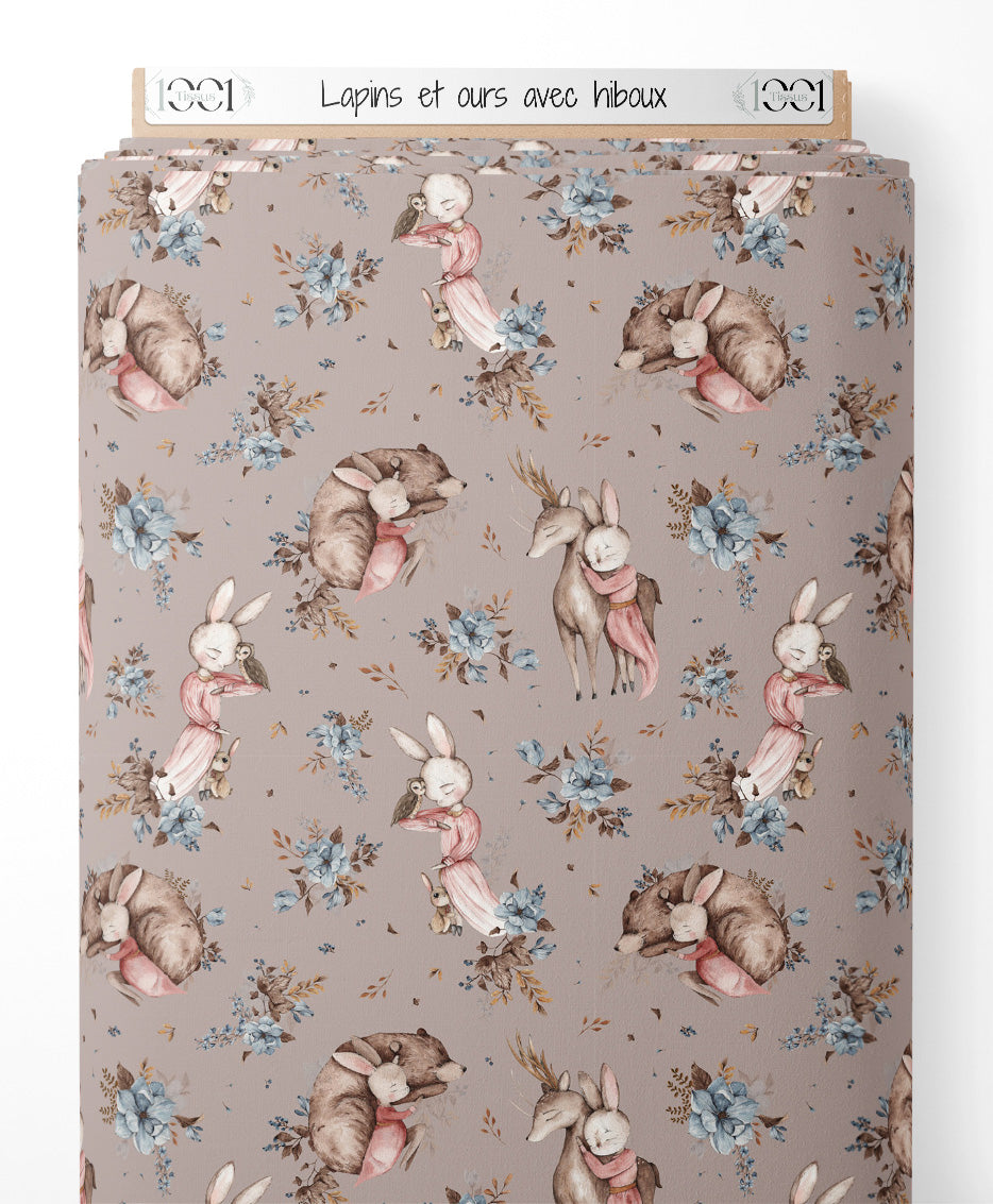 Tissu - Lapins et ours avec hiboux