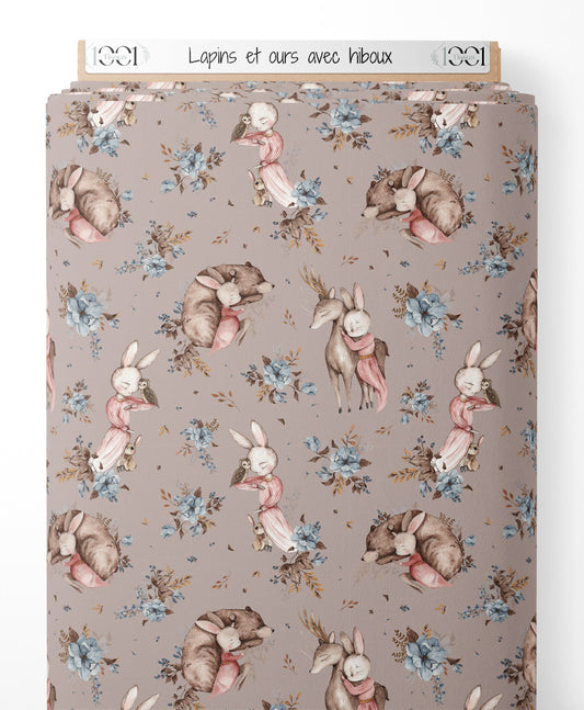 Tissu - Lapins et ours avec hiboux