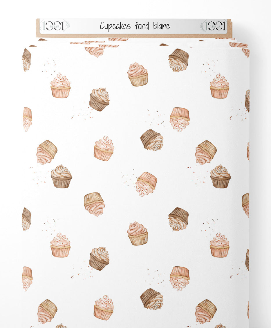 Tissu - Cupcakes sur fond blanc